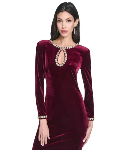 Vince Camuto Beaded Keyhole Long Sleeve Velvet Dress In Burgundy