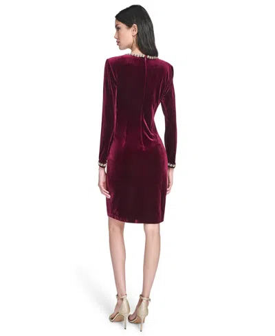 Vince Camuto Beaded Keyhole Long Sleeve Velvet Dress In Burgundy