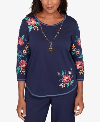 Alfred Dunner Petite Saratoga Springs Embroidered Sleeve Knit Top With Necklace In Blue