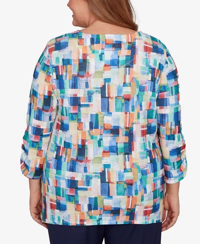 Alfred Dunner Plus Size Saratoga Springs Tile Print Colorblock Textured Top In Multi