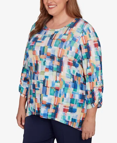 Alfred Dunner Plus Size Saratoga Springs Tile Print Colorblock Textured Top In Multi