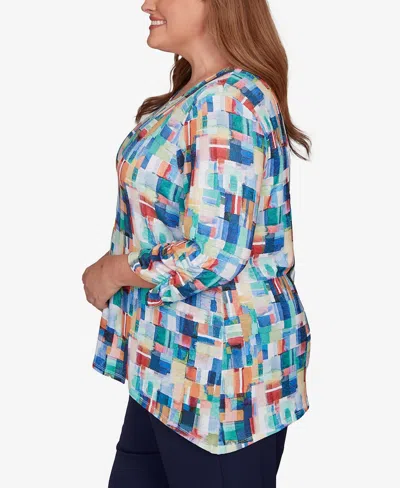 Alfred Dunner Plus Size Saratoga Springs Tile Print Colorblock Textured Top In Multi