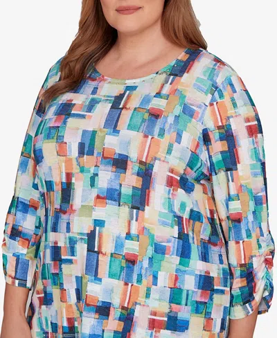 Alfred Dunner Plus Size Saratoga Springs Tile Print Colorblock Textured Top In Multi