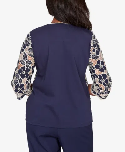 Alfred Dunner Petite Saratoga Springs Floral Lace Trim Soft Knit Top In Black