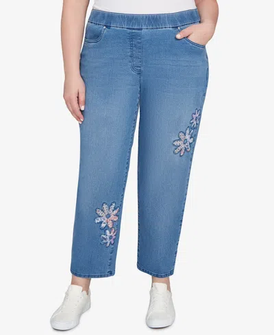 Alfred Dunner Plus Size Hilton Head Floral Applique Detail Average Length Jeans In Blue