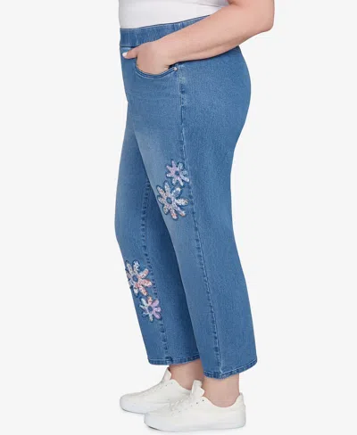 Alfred Dunner Plus Size Hilton Head Floral Applique Detail Average Length Jeans In Blue