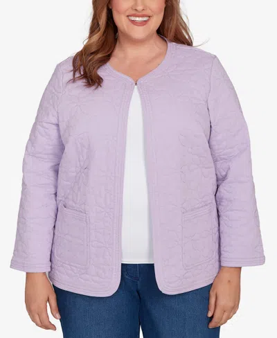 Alfred Dunner Plus Size Hilton Head Floral Quilted Patchwork Jacket In Purple
