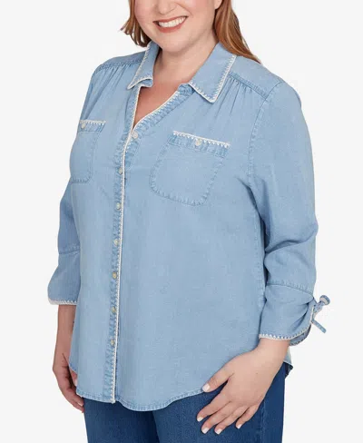 Alfred Dunner Plus Size Hilton Head Blanket Stitch Trim Button-front Top In Blue