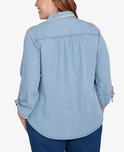 Alfred Dunner Plus Size Hilton Head Blanket Stitch Trim Button-front Top In Blue