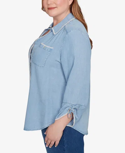 Alfred Dunner Plus Size Hilton Head Blanket Stitch Trim Button-front Top In Blue