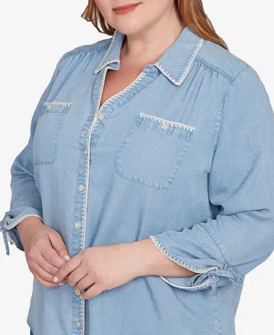 Alfred Dunner Plus Size Hilton Head Blanket Stitch Trim Button-front Top In Blue