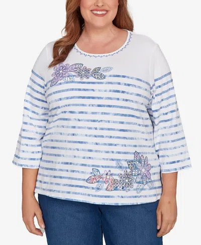 Alfred Dunner Plus Size Hilton Head Applique Flower Tie Dye Stripe Knit Top In Blue