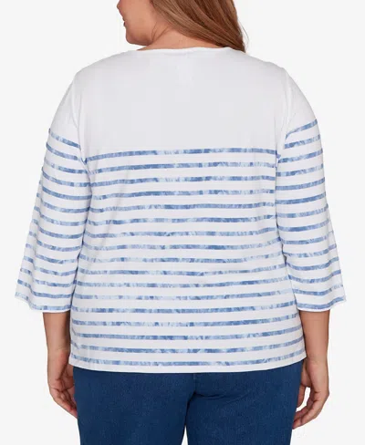 Alfred Dunner Plus Size Hilton Head Applique Flower Tie Dye Stripe Knit Top In Blue
