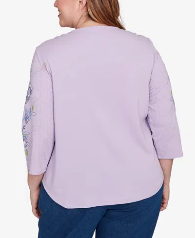 Alfred Dunner Plus Size Hilton Head Embroidered Sleeve Textured Top With Necklace In Purple