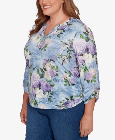 Alfred Dunner Plus Size Hilton Head Denim Floral Applique Henley Top In Multi