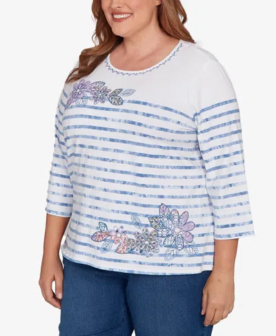 Alfred Dunner Plus Size Hilton Head Applique Flower Tie Dye Stripe Knit Top In Blue