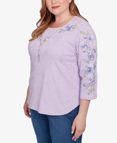 Alfred Dunner Plus Size Hilton Head Embroidered Sleeve Textured Top With Necklace In Purple