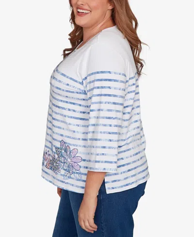 Alfred Dunner Plus Size Hilton Head Applique Flower Tie Dye Stripe Knit Top In Blue