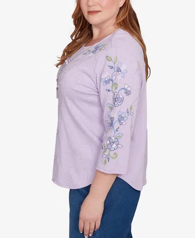Alfred Dunner Plus Size Hilton Head Embroidered Sleeve Textured Top With Necklace In Purple