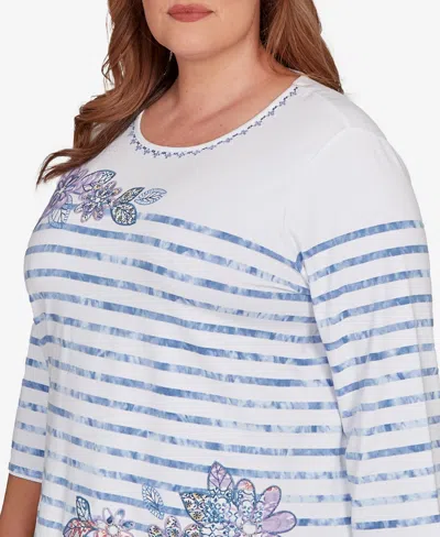 Alfred Dunner Plus Size Hilton Head Applique Flower Tie Dye Stripe Knit Top In Blue