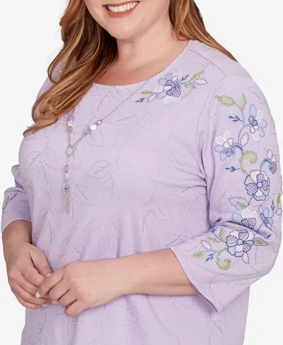 Alfred Dunner Plus Size Hilton Head Embroidered Sleeve Textured Top With Necklace In Purple