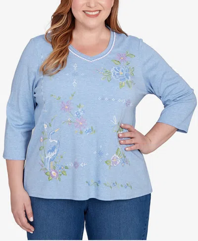 Alfred Dunner Plus Size Hilton Head Cross Stitched Floral Top In Blue