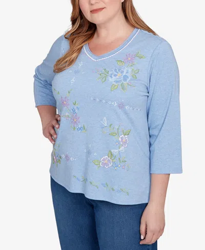 Alfred Dunner Plus Size Hilton Head Cross Stitched Floral Top In Blue