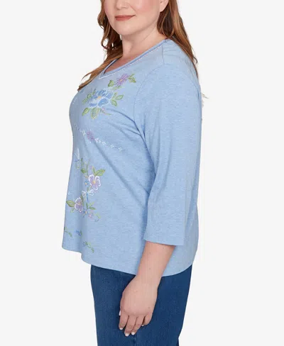 Alfred Dunner Plus Size Hilton Head Cross Stitched Floral Top In Blue