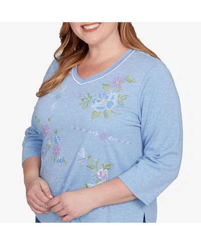 Alfred Dunner Plus Size Hilton Head Cross Stitched Floral Top In Blue