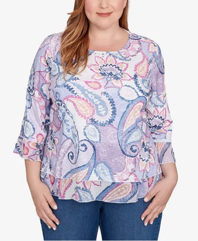 Alfred Dunner Plus Size Hilton Head Paisley Print Layered Hem Knit Top In Multi