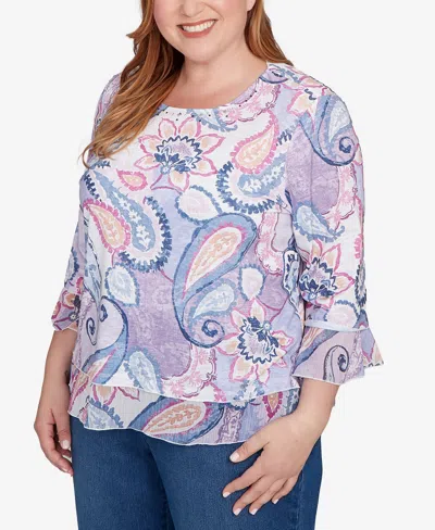 Alfred Dunner Plus Size Hilton Head Paisley Print Layered Hem Knit Top In Multi