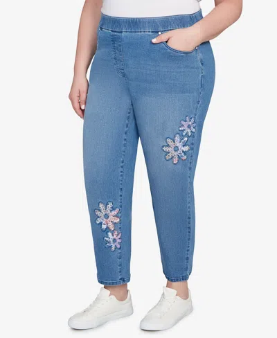 Alfred Dunner Plus Size Hilton Head Floral Applique Detail Average Length Jeans In Blue