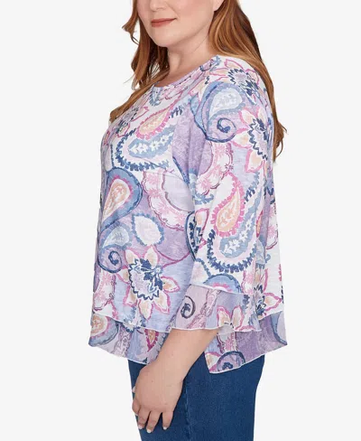 Alfred Dunner Plus Size Hilton Head Paisley Print Layered Hem Knit Top In Multi