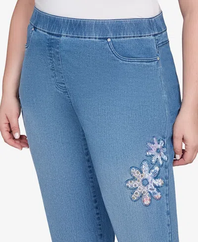 Alfred Dunner Plus Size Hilton Head Floral Applique Detail Average Length Jeans In Blue