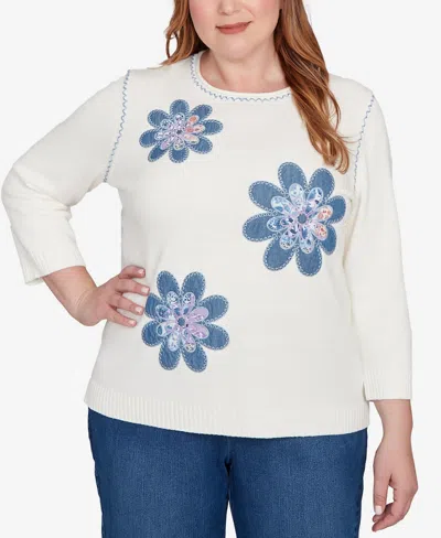 Alfred Dunner Women's Hilton Head Quilted Denim Applique Flower Sweater In White