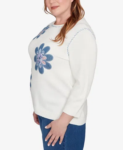 Alfred Dunner Women's Hilton Head Quilted Denim Applique Flower Sweater In White