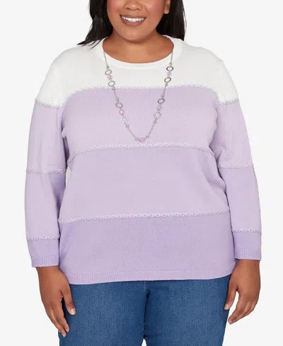 Alfred Dunner Plus Size Hilton Head Ombre Stripe Sweater With Necklace In Purple