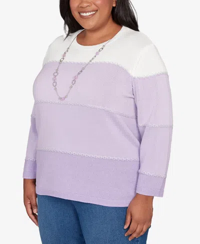Alfred Dunner Plus Size Hilton Head Ombre Stripe Sweater With Necklace In Purple