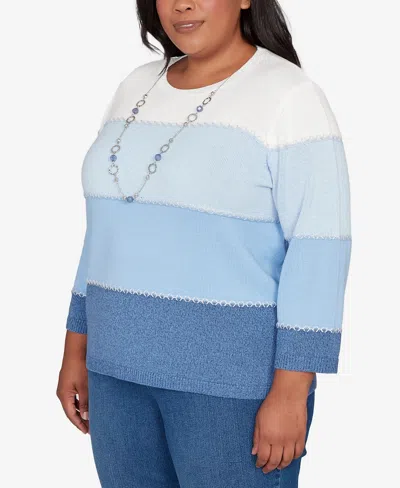 Alfred Dunner Plus Size Hilton Head Ombre Stripe Sweater With Necklace In Blue