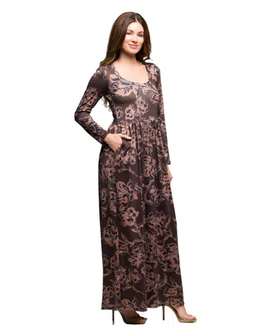 24seven Comfort Apparel Women's Brown Blush Floral Long Sleeve Dress In Multi