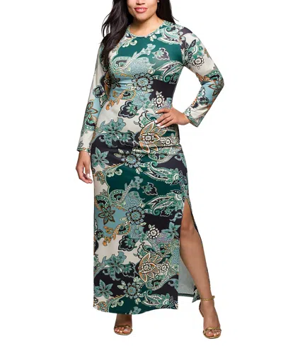 24seven Comfort Apparel Plus Size Green Paisley Print Long Sleeve Side Slit Maxi Dress In Multi