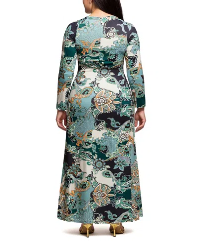 24seven Comfort Apparel Plus Size Green Paisley Print Long Sleeve Side Slit Maxi Dress In Multi