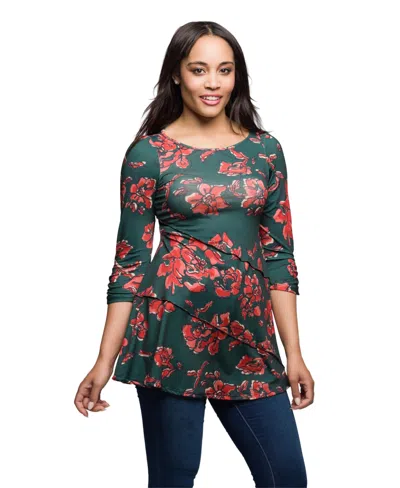 24seven Comfort Apparel Women's Green Floral Print Three Quarter Sleeve Tunic Top In Multi