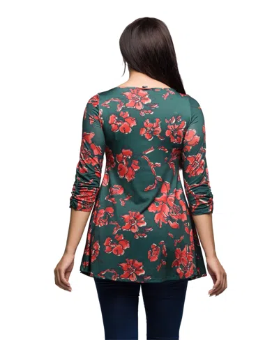 24seven Comfort Apparel Women's Green Floral Print Three Quarter Sleeve Tunic Top In Multi