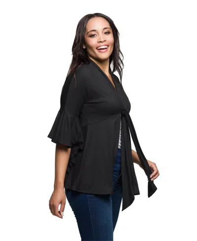 24seven Comfort Apparel Women's Tie Front Bell Sleeve Top In Black