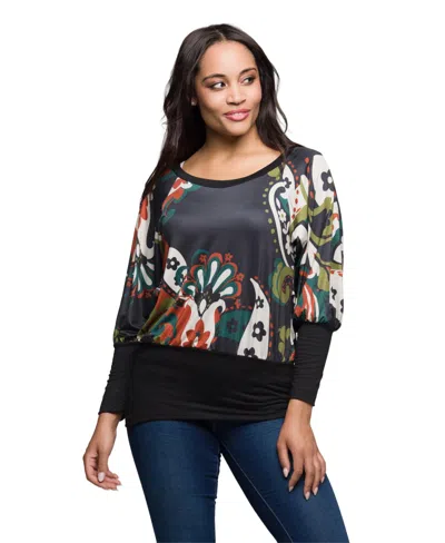 24seven Comfort Apparel Women's Paisley Multicolor Print Dolman Sleeve Banded Top In Black