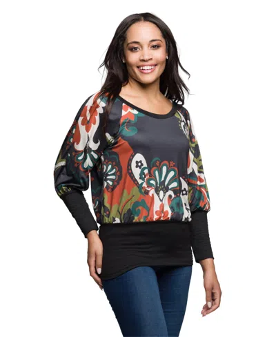 24seven Comfort Apparel Women's Paisley Multicolor Print Dolman Sleeve Banded Top In Black