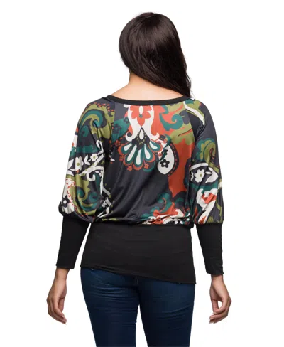 24seven Comfort Apparel Women's Paisley Multicolor Print Dolman Sleeve Banded Top In Black