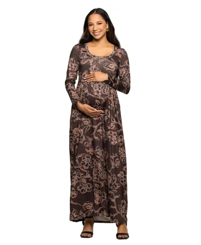 24seven Comfort Apparel Women's Brown Blush Floral Long Sleeve Dress In Brown