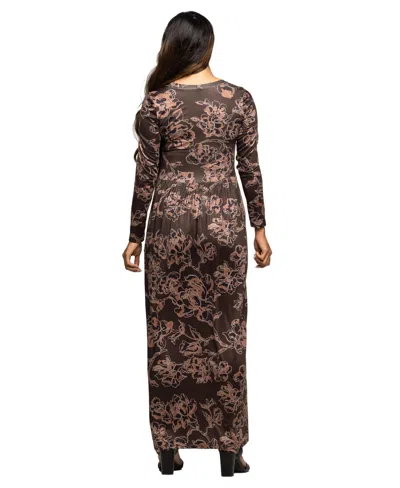 24seven Comfort Apparel Women's Brown Blush Floral Long Sleeve Dress In Brown